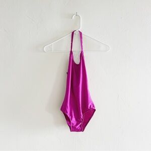 Vintage 80s Fuchsia Pink Swimsuit Sasson 70s Halter Bright 1pc Open Back Maillot